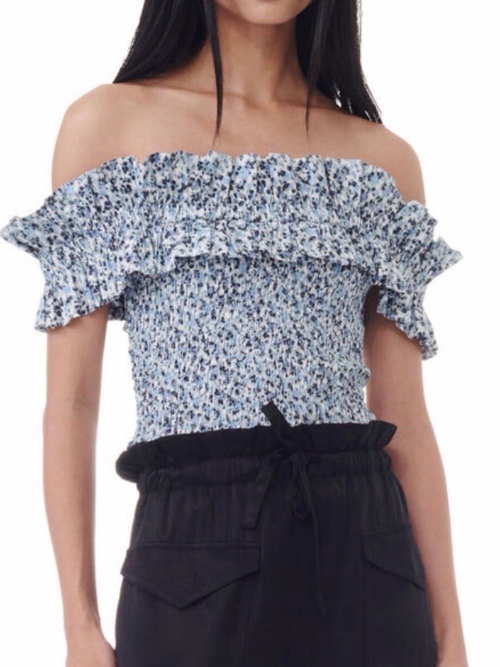 Ganni Blue Floral Smocked Off-Shoulder Top